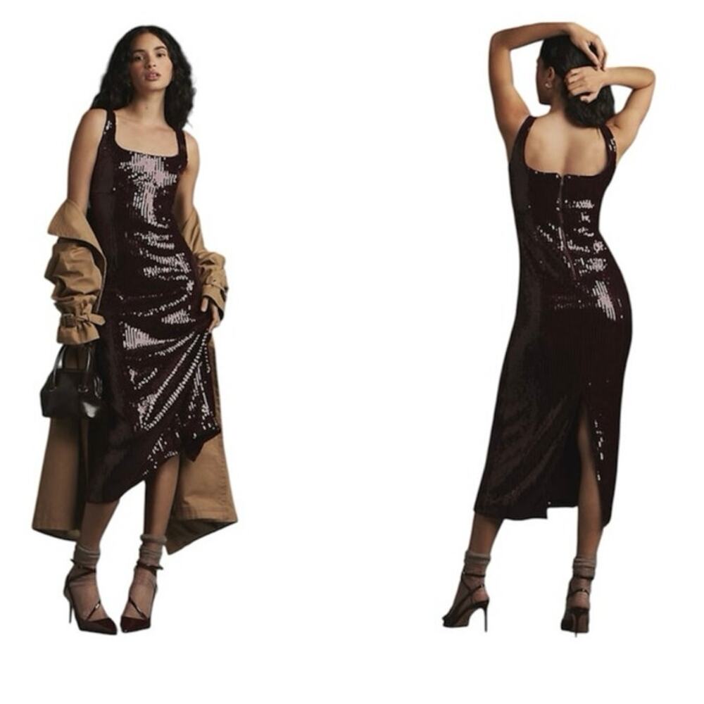 NWT $168 XL Anthropologie Pilcro Eggplant Purple Sequined Stretch Midi Dress